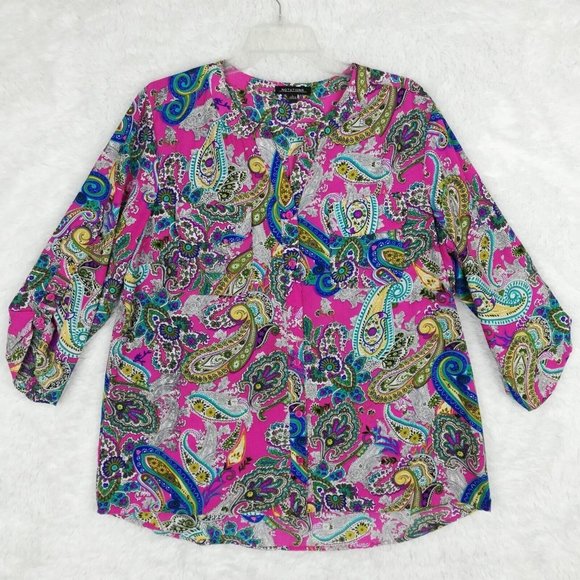 Notations Womens Shirt Button Down  Paisley Print 3/4 Sleeve Mandarin Collar L - Picture 1 of 12